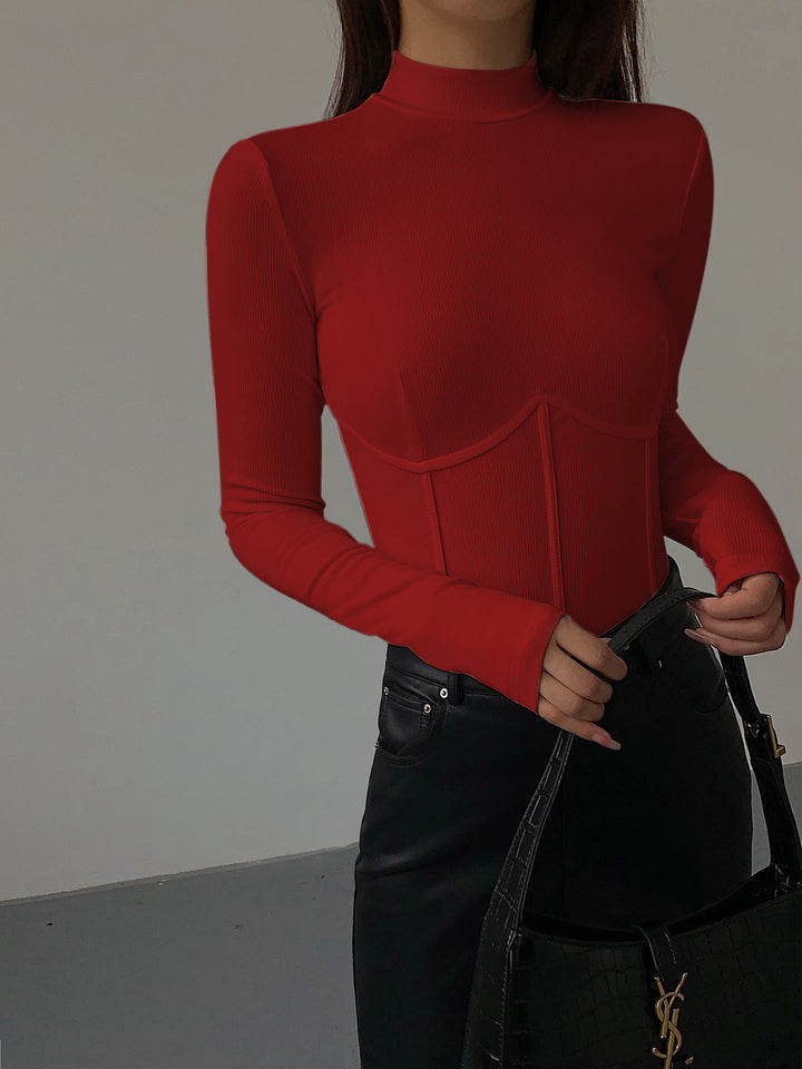 Mock Neck Piping Slim T-Shirt  Liora Lane Boutique T-Shirts Red / XL 28.00