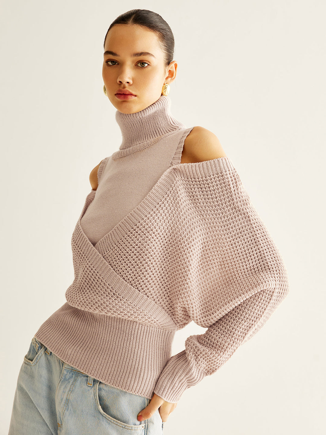 Oversized Wool-Blend Turtleneck Cinched Knit Top  Liora Lane Boutique Knit Tops Pink / XL 44.00