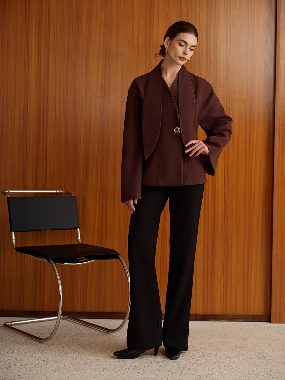 Plain Metal-Button Coat With Scarf  Liora Lane Boutique Wool Coats