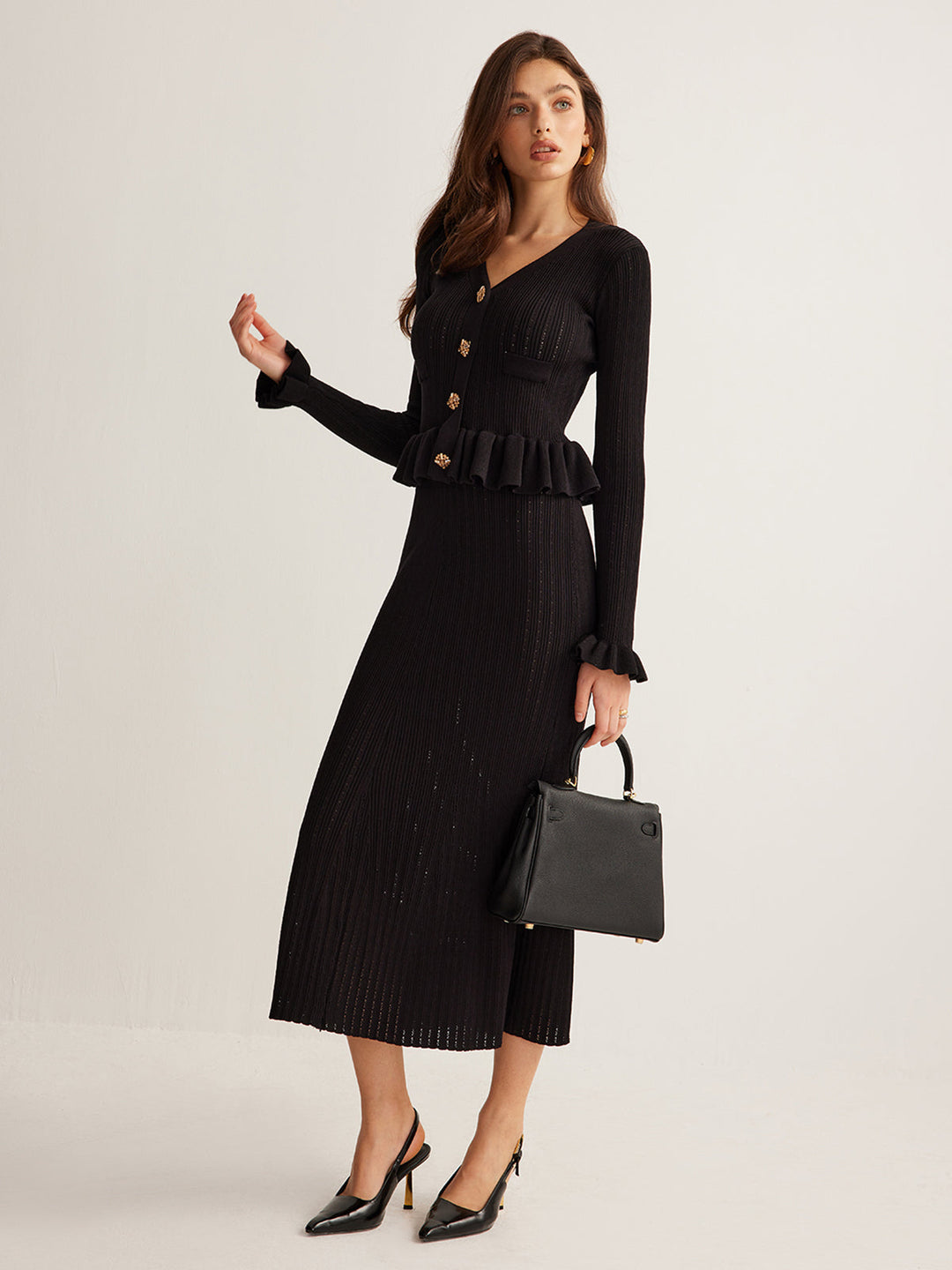 Ruffle Slim Sweater Dress  Liora Lane Boutique Sweater Dresses Black / XL 162.99