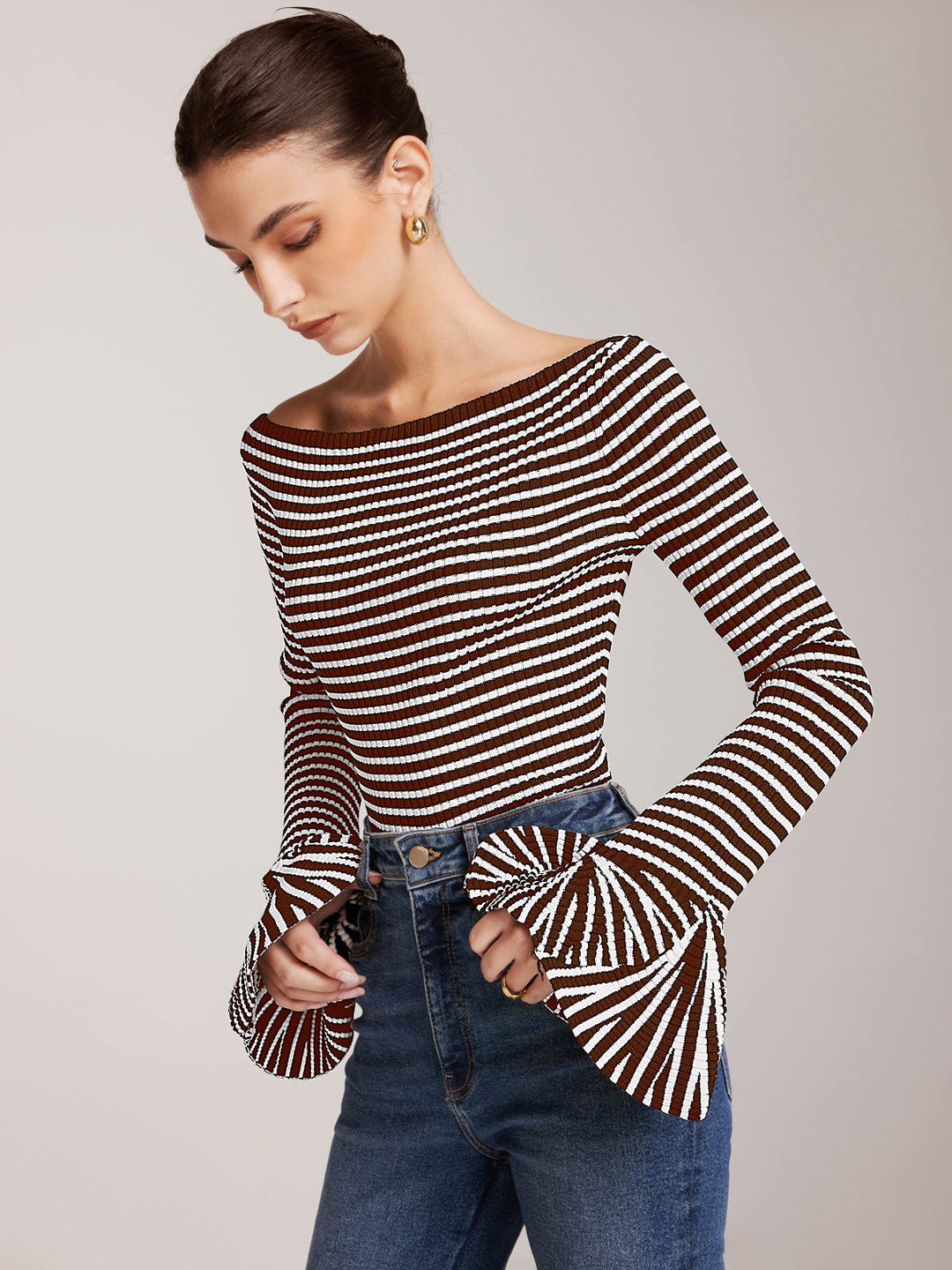 Striped Ruffle-Sleeve Knit Top  Liora Lane Boutique Knit Tops Brown / XL 52.00