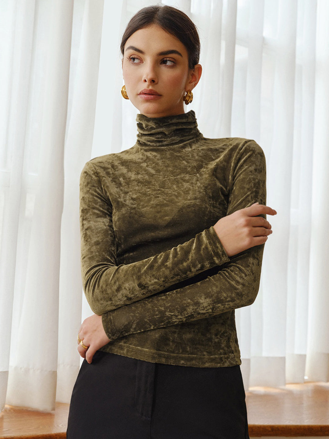 Turtleneck Semi-Sheer Velvet Top  Liora Lane Boutique T-Shirts Brown / XL 22.00