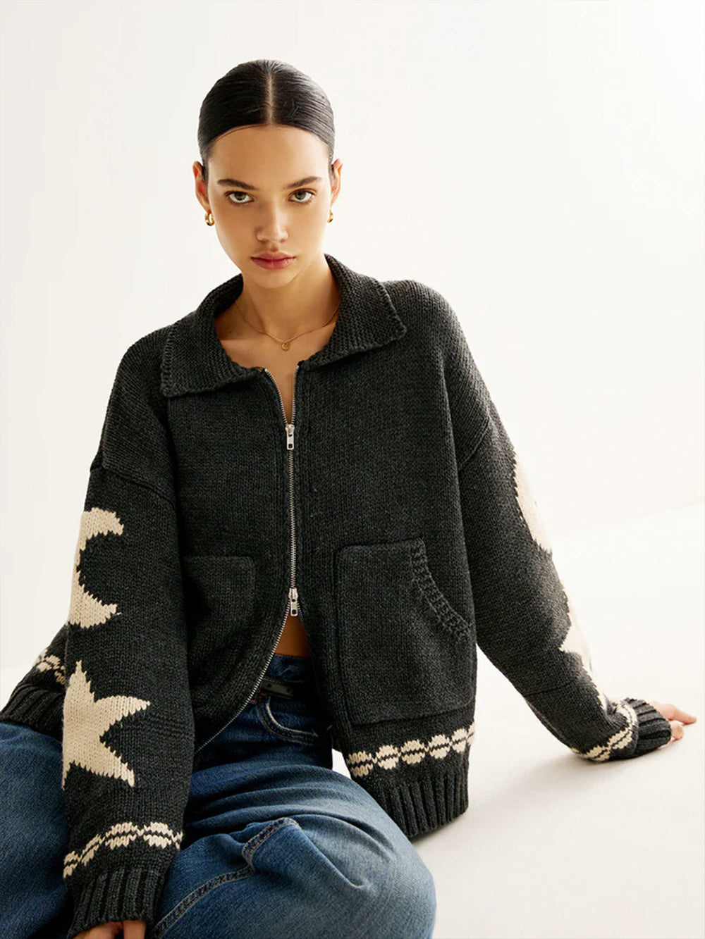 Double-Zip Pockets Lapel Cardigan  Liora Lane Boutique Cardigans Black / XL 66.00