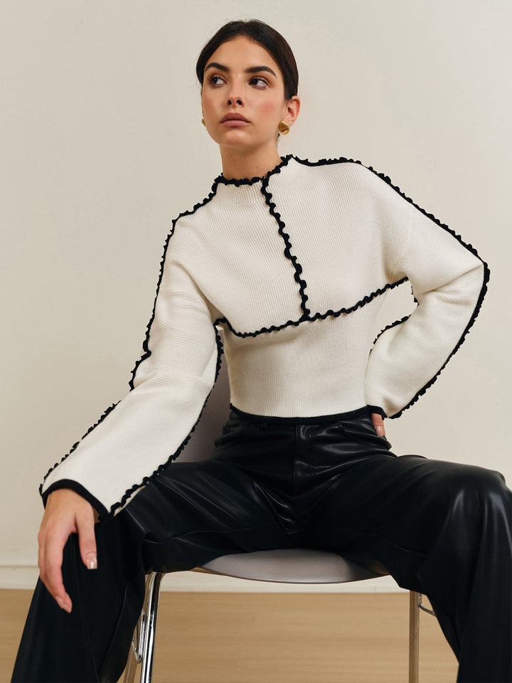 Ribbed Lettuce Trim Knit Top  Liora Lane Boutique Knit Tops White / XL 99.99