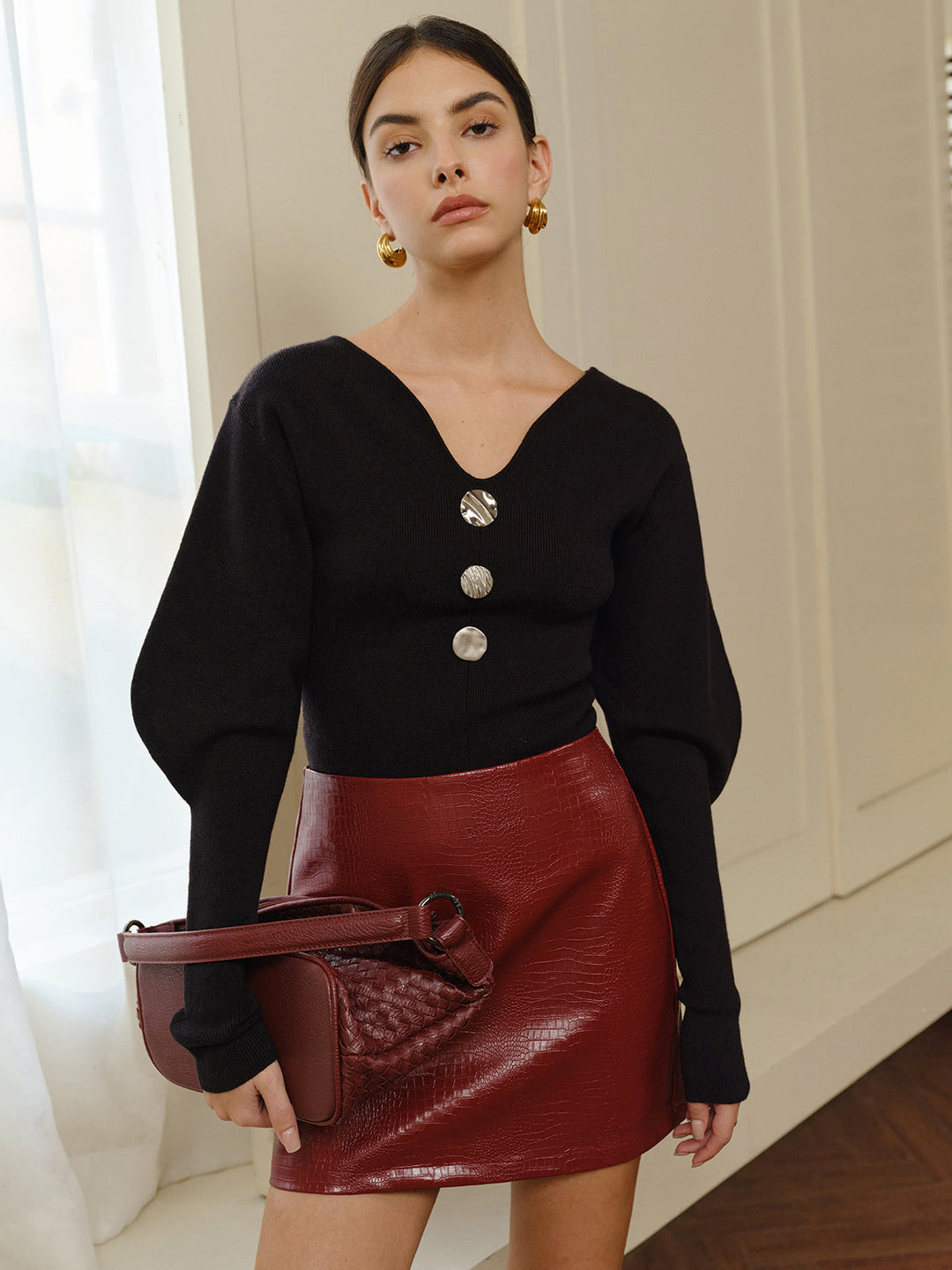 V-Neck Leg-Of Mutton Sleeve Sweater  Liora Lane Boutique Sweaters Black / XL 48.00