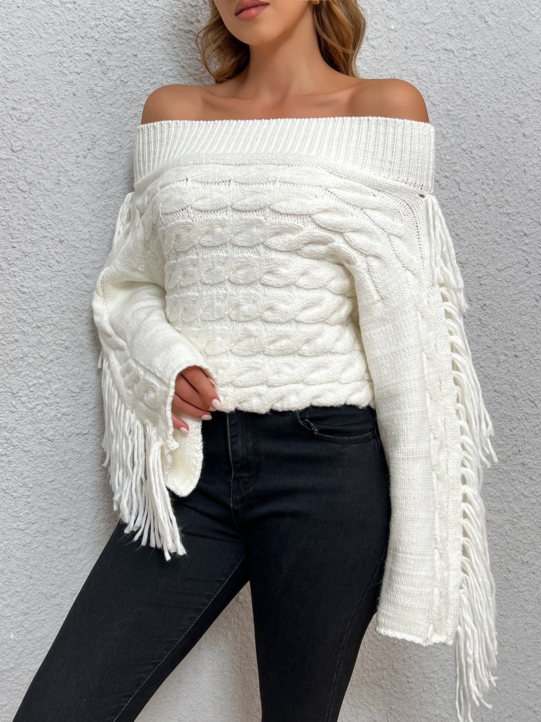 Beheme Off-Shoulder Tassel Sweater  Liora Lane Boutique Sweaters