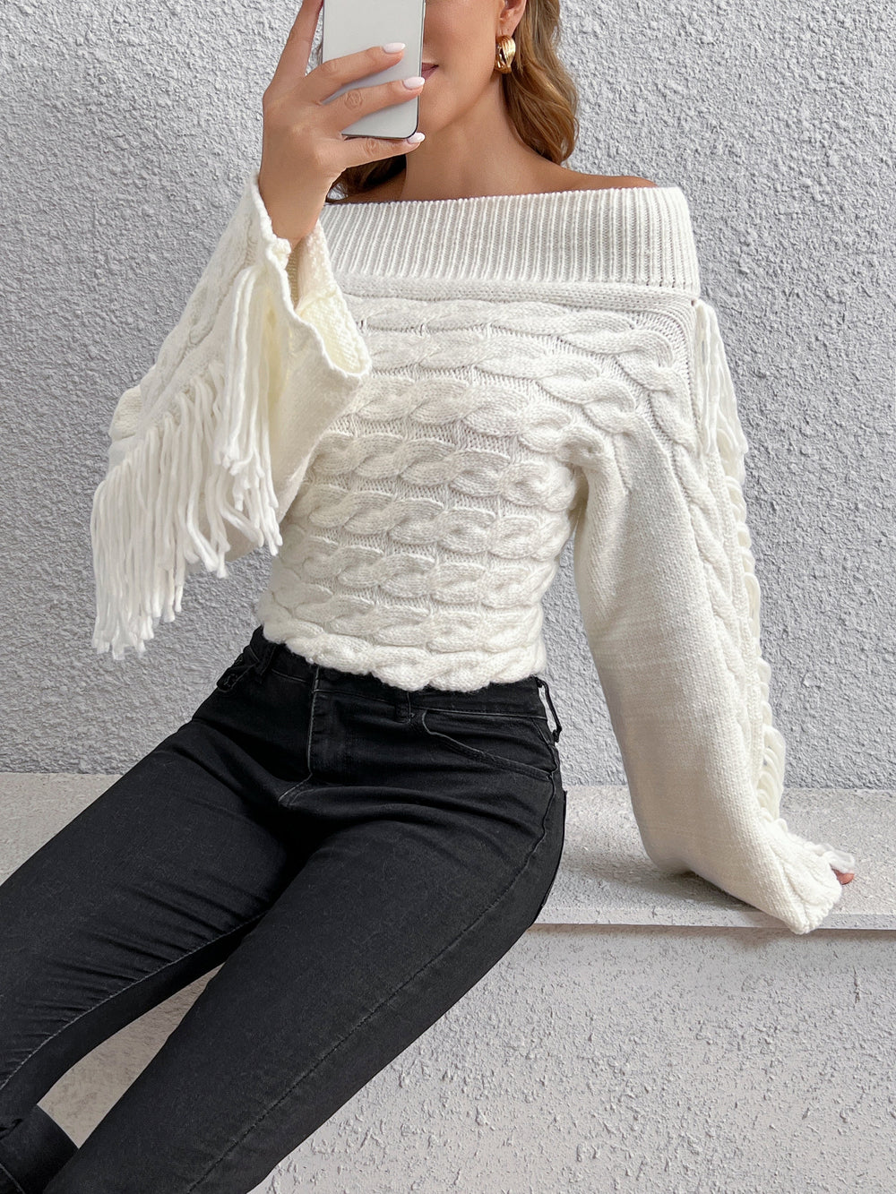 Beheme Off-Shoulder Tassel Sweater  Liora Lane Boutique Sweaters
