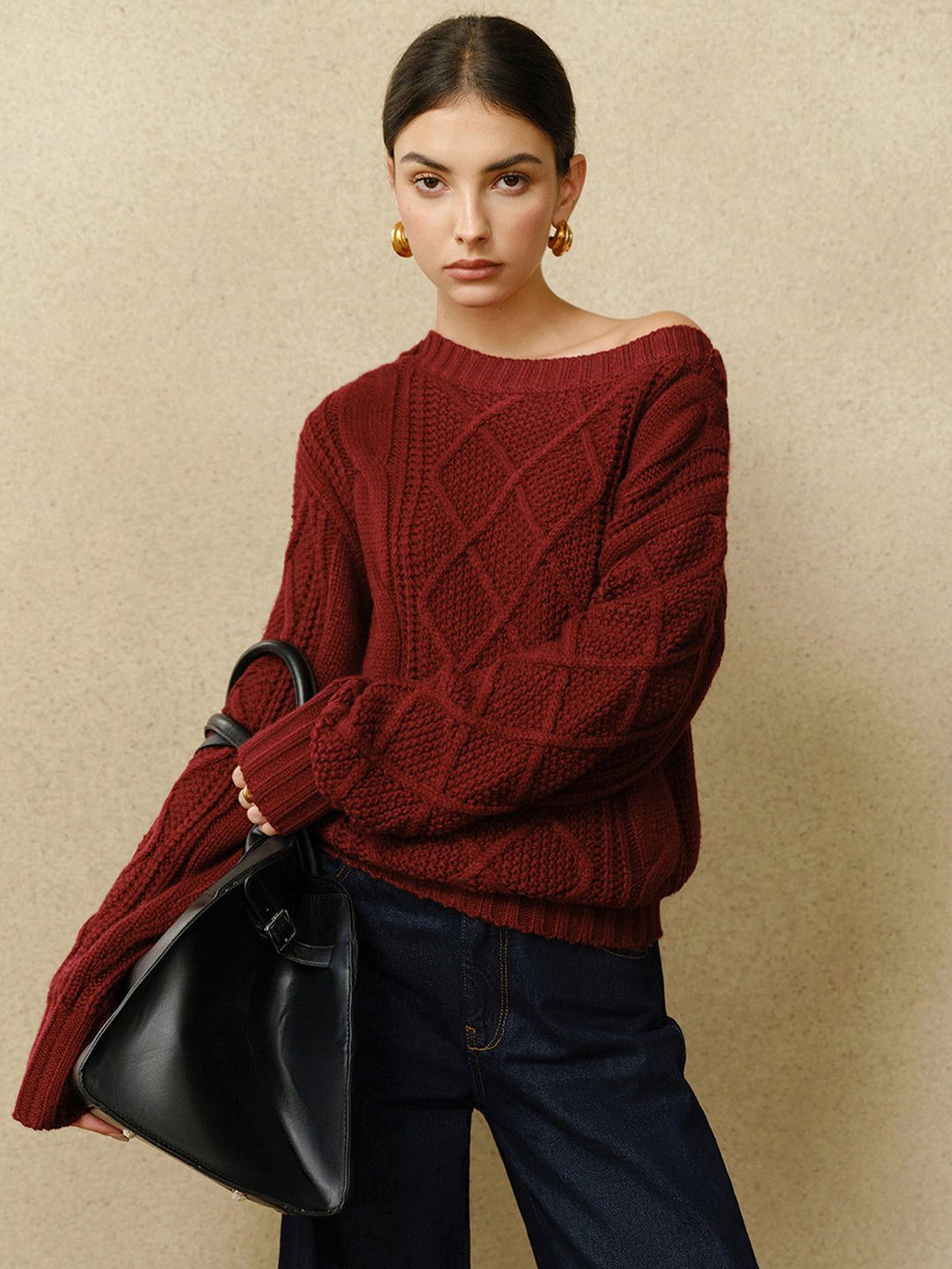 Casual Crew Neck Cable-Knit Top  Liora Lane Boutique Knit Tops Burgundy / XL 54.00