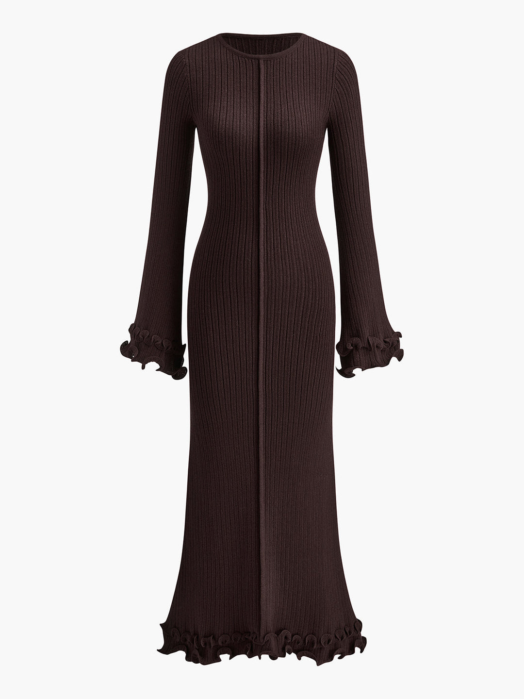 Semi-Sheer Piping Ruffle Drawstring Knit Dress  Liora Lane Boutique Knit Dresses Dark Brown / XL 137.99
