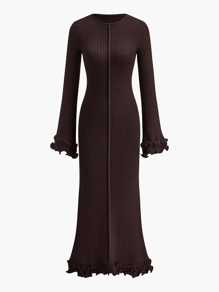 Semi-Sheer Piping Ruffle Drawstring Knit Dress  Liora Lane Boutique Knit Dresses Dark Brown / XL 137.99