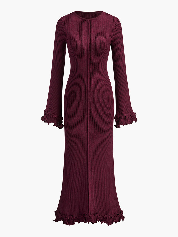 Semi-Sheer Piping Ruffle Drawstring Knit Dress  Liora Lane Boutique Knit Dresses Fuchsia / XL 137.99