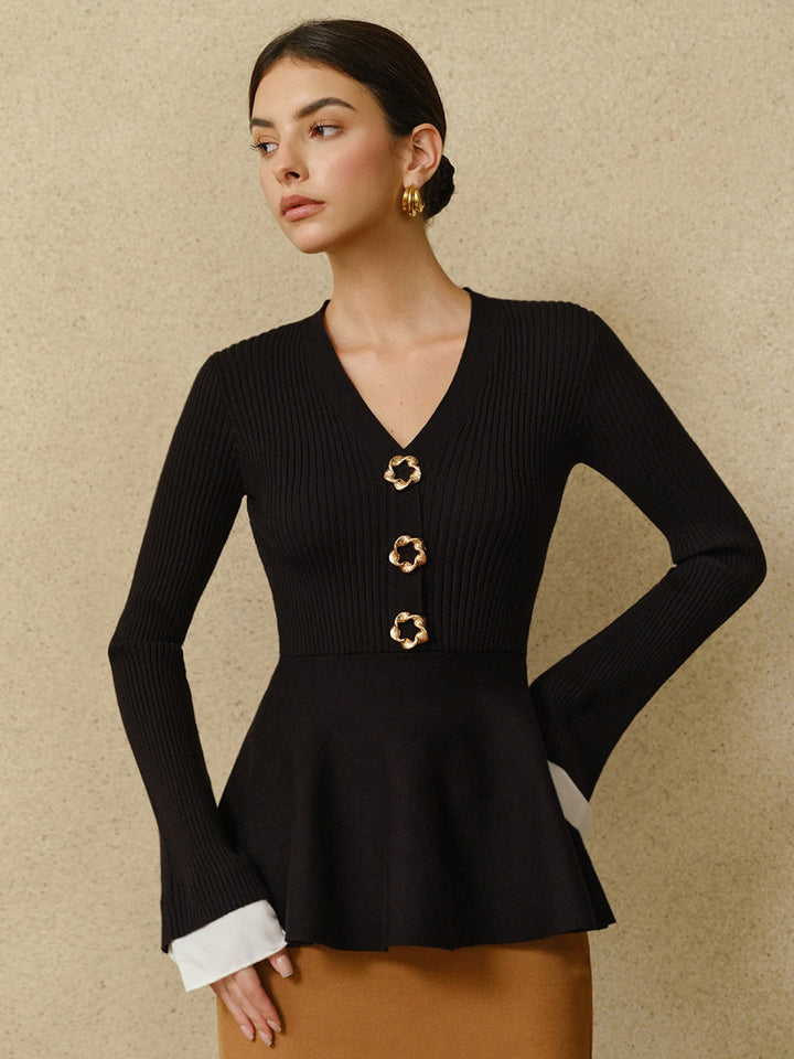 Contrast Cuff Ruffle Knit Top  Liora Lane Boutique Knit Tops