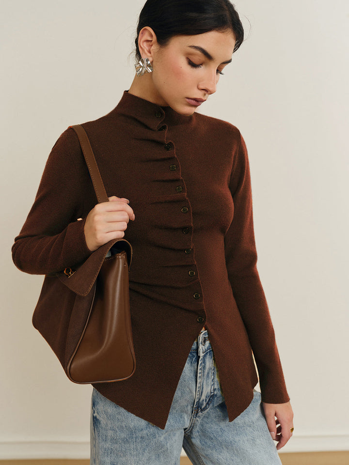 Button Pleated Split Knit Top  Liora Lane Boutique Knit Tops