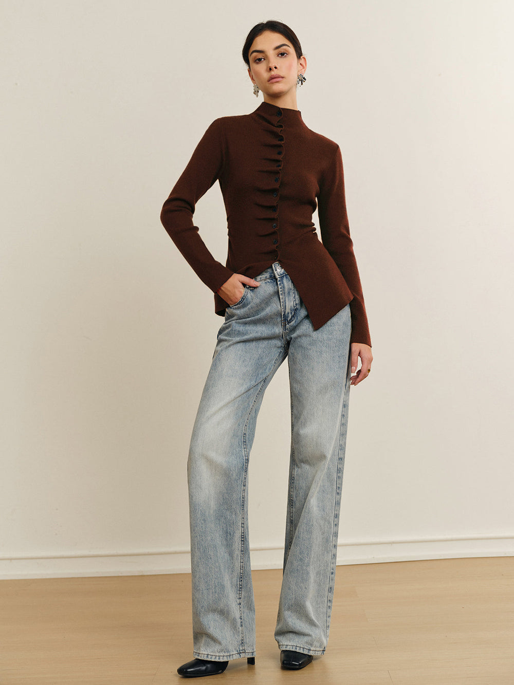 Button Pleated Split Knit Top  Liora Lane Boutique Knit Tops