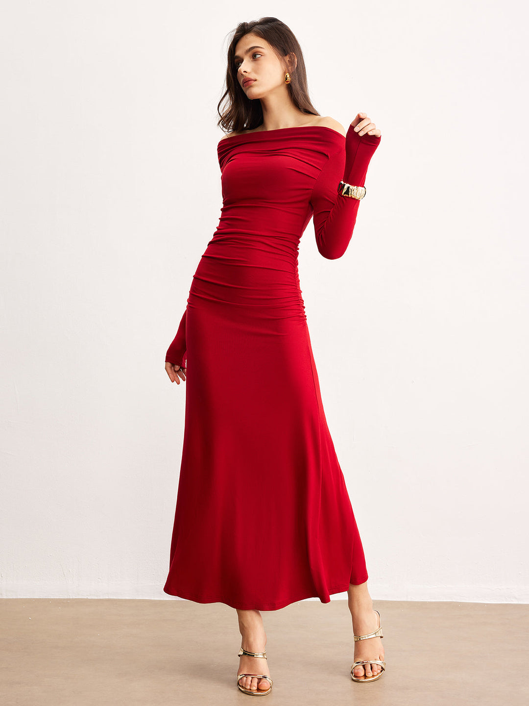Off-Shoulder Ruffle Knit Dress  Liora Lane Boutique Knit Dresses Red / XL 42.00