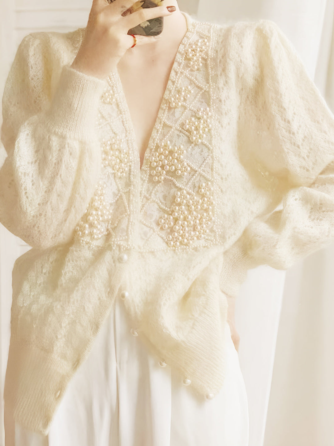 Romance Pearl Beaded Cardigan  Liora Lane Boutique Cardigans Off-White / XL 48.00