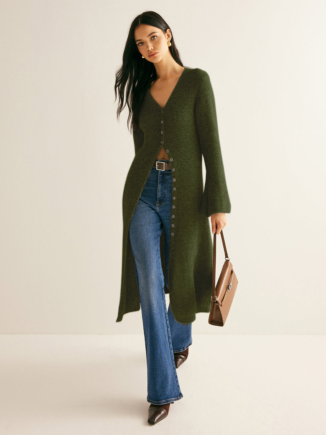 Stacking V-Neck Split Breasted Sweater Dress  Liora Lane Boutique Sweater Dresses Army Green / XL 157.99