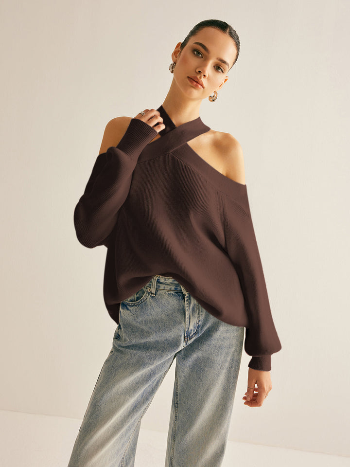 Cross-Over Collar Cold-Shoulder Sweater  Liora Lane Boutique Sweaters Dark Brown / XL 49.00