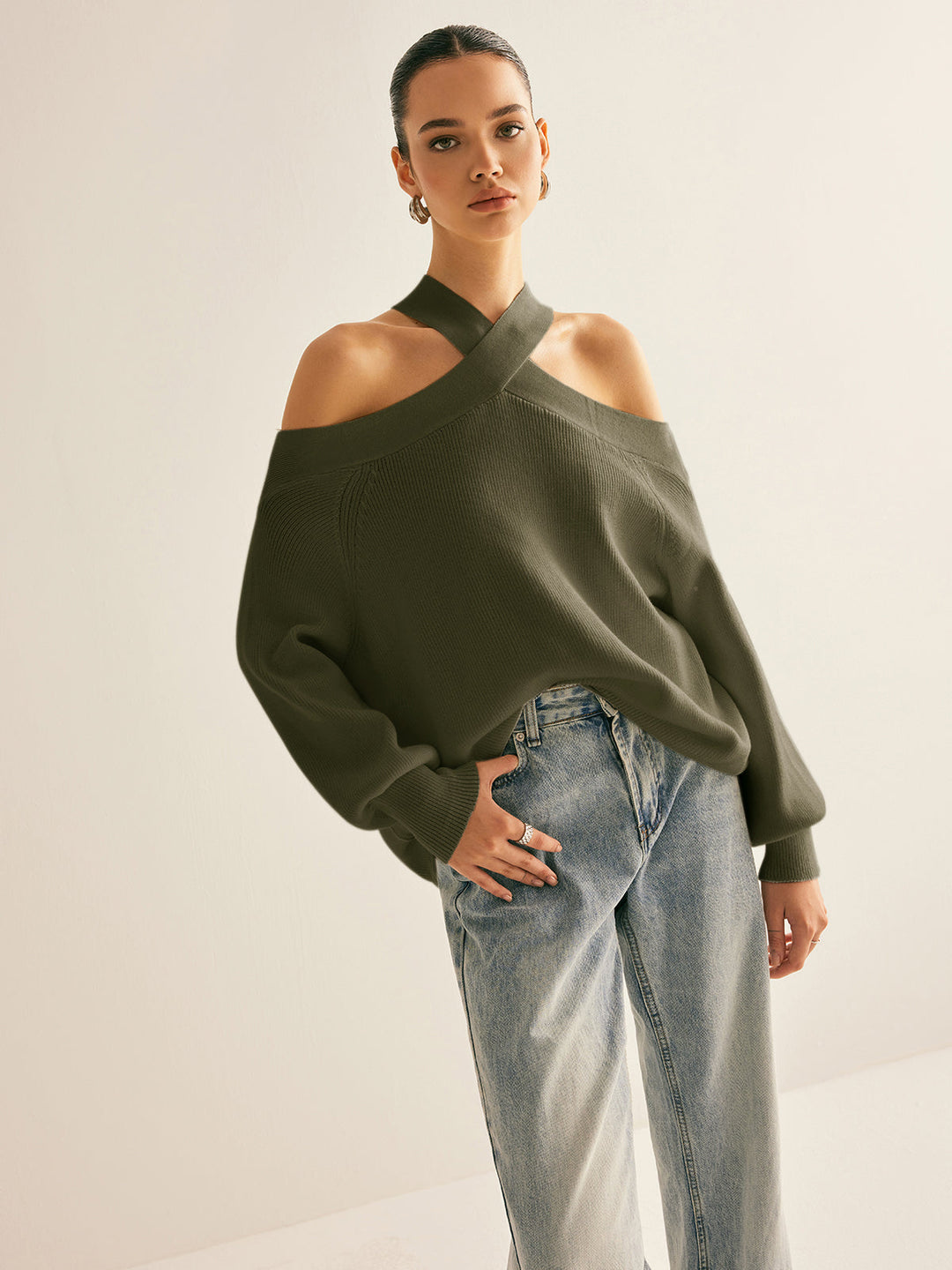 Cross-Over Collar Cold-Shoulder Sweater  Liora Lane Boutique Sweaters ArmyGreen / XL 49.00
