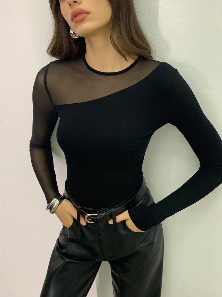Asymmetrical Sheer Panel Jersey Top  Liora Lane Boutique T-Shirts