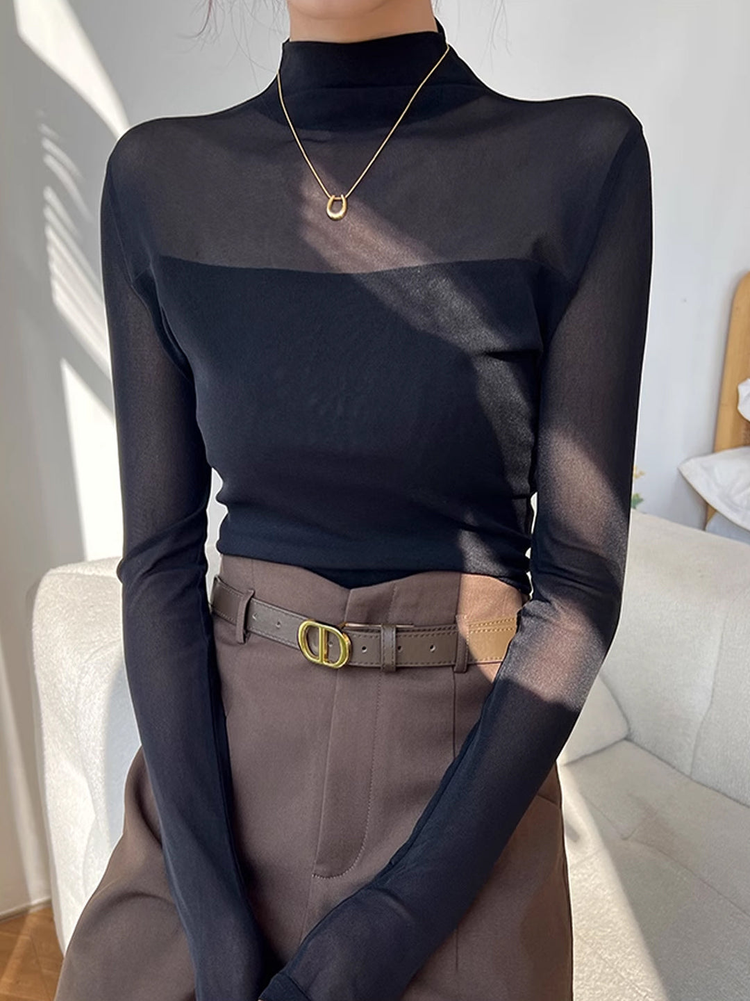Mock Neck Sheer Mesh Panel T-Shirt  Liora Lane Boutique T-Shirts