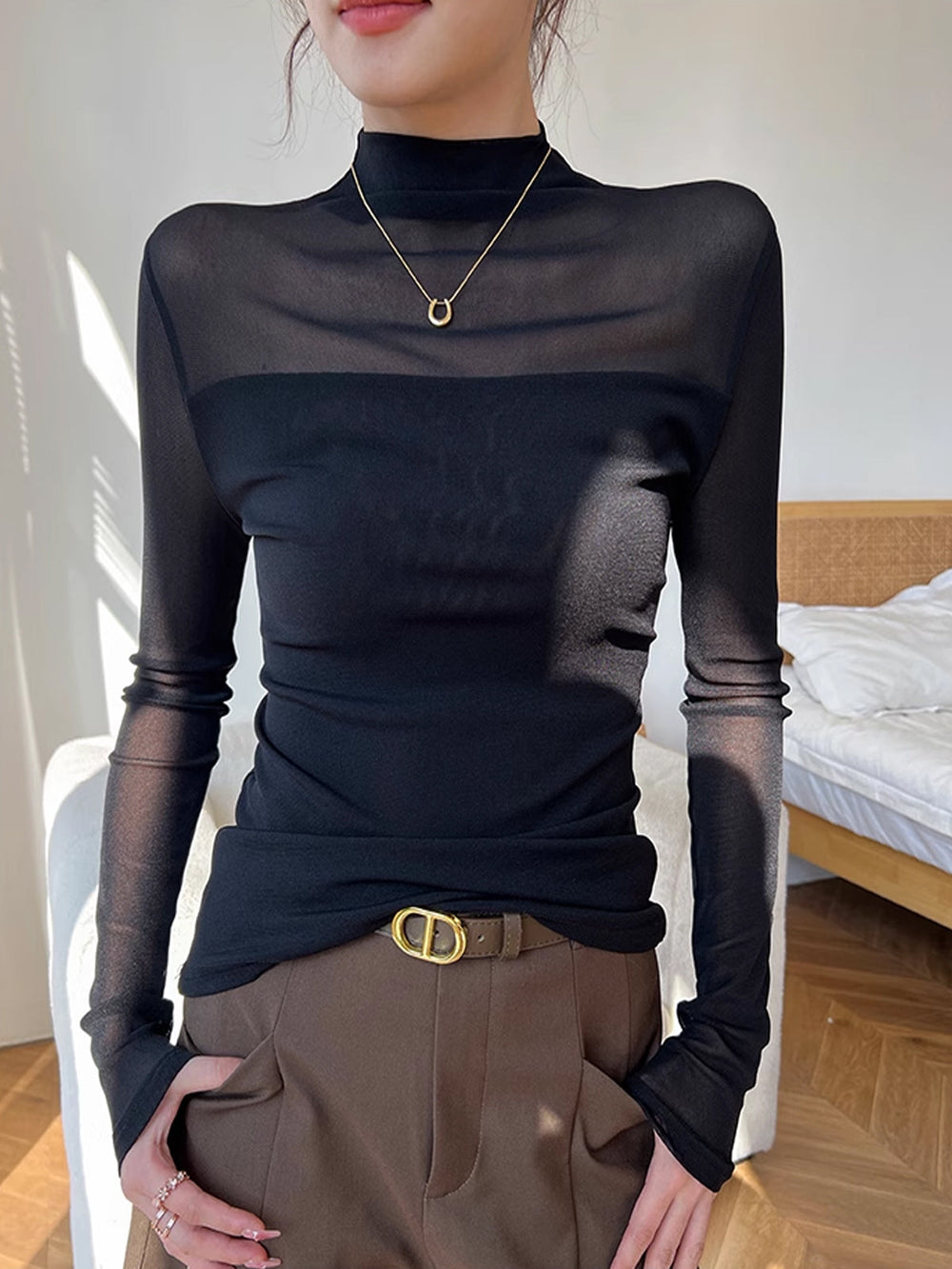 Mock Neck Sheer Mesh Panel T-Shirt  Liora Lane Boutique T-Shirts
