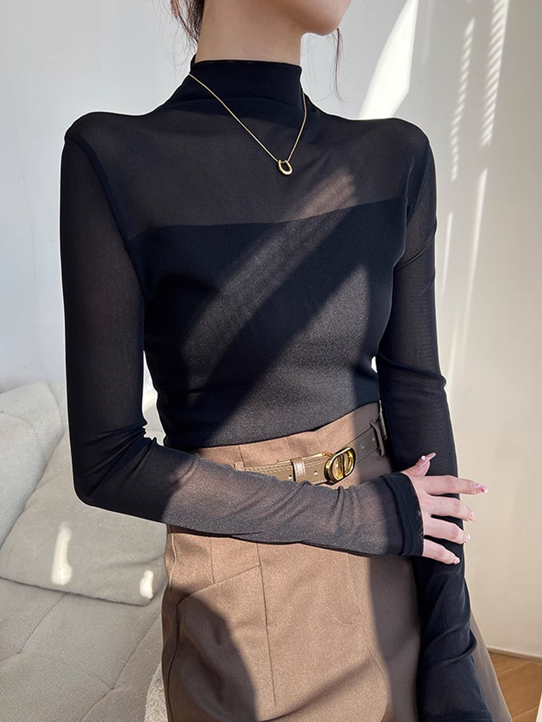 Mock Neck Sheer Mesh Panel T-Shirt  Liora Lane Boutique T-Shirts Black / XL 19.00