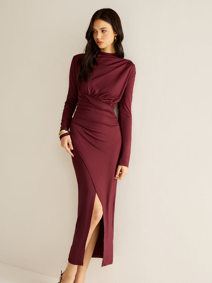 Elegant Pleated Split Dress  Liora Lane Boutique Dresses Burgundy / XL 36.00