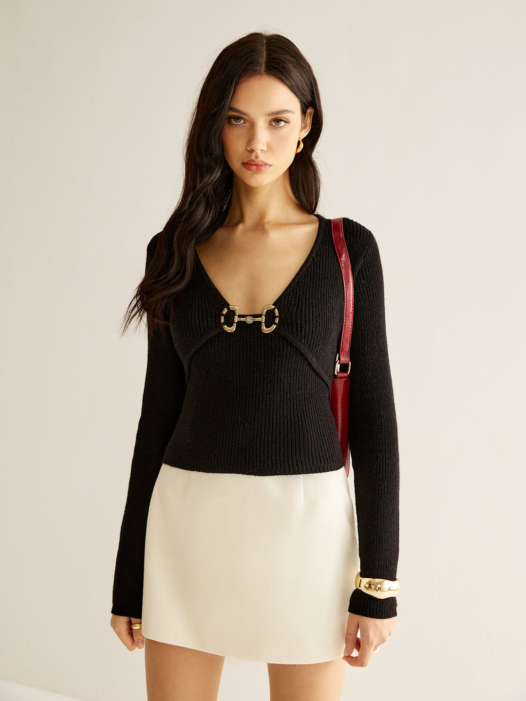 V-Neck Metal Detail Sweater  Liora Lane Boutique Sweaters Black / XL 36.00