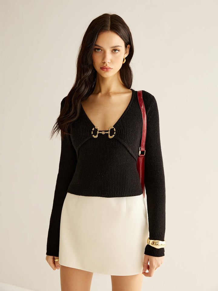 V-Neck Metal Detail Sweater  Liora Lane Boutique Sweaters Black / XL 36.00