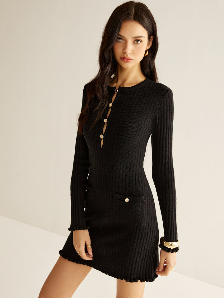 Cutout Lettuce Trim Sweater Dress  Liora Lane Boutique Sweater Dresses