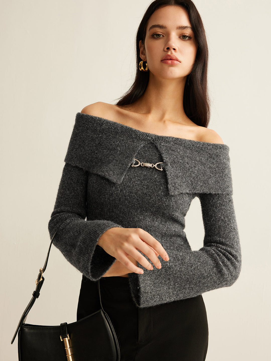 Off-Shoulder Crop Knit Top  Liora Lane Boutique Knit Tops Grey / XL 99.99