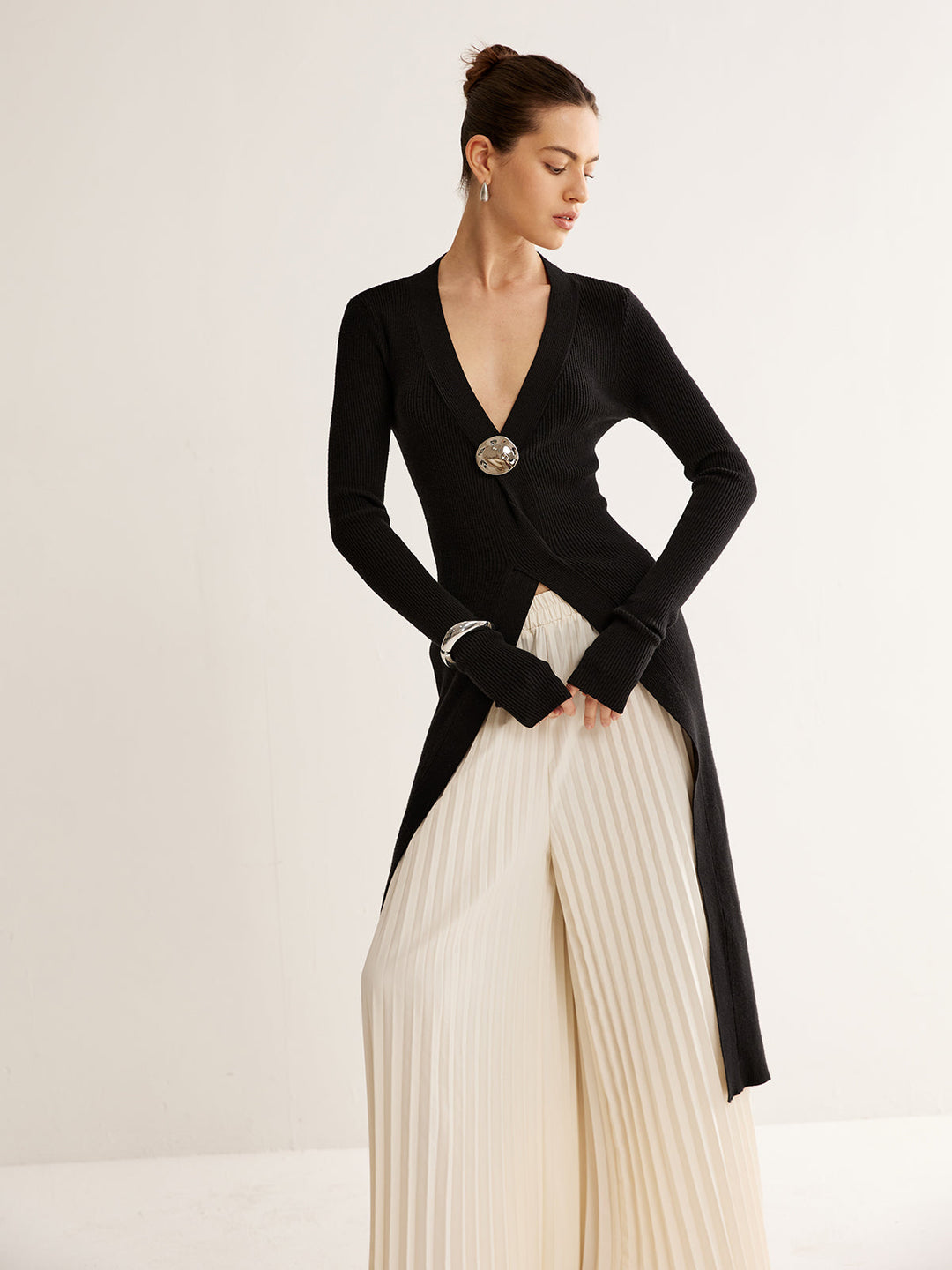 Metal Decor Split Knit Long Top  Liora Lane Boutique Knit Tops