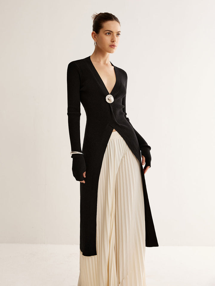 Metal Decor Split Knit Long Top  Liora Lane Boutique Knit Tops Black / XL 49.00