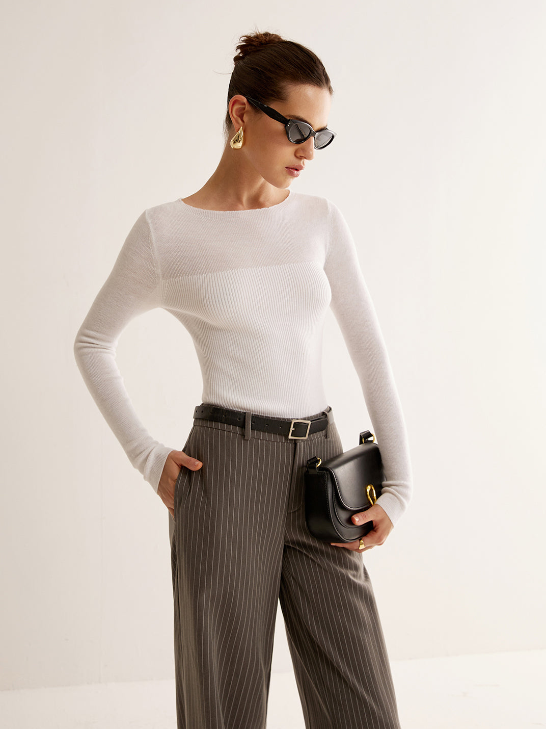 Wool-Blend Panel Slim Sweater  Liora Lane Boutique Sweaters White / XL 88.99