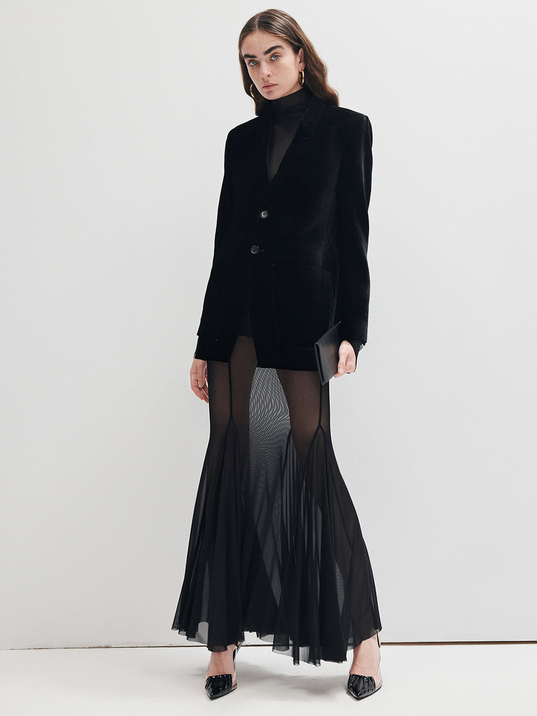 Ruffle Sheer Panel Maxi Skirt  Liora Lane Boutique Skirts Black / XL 74.99