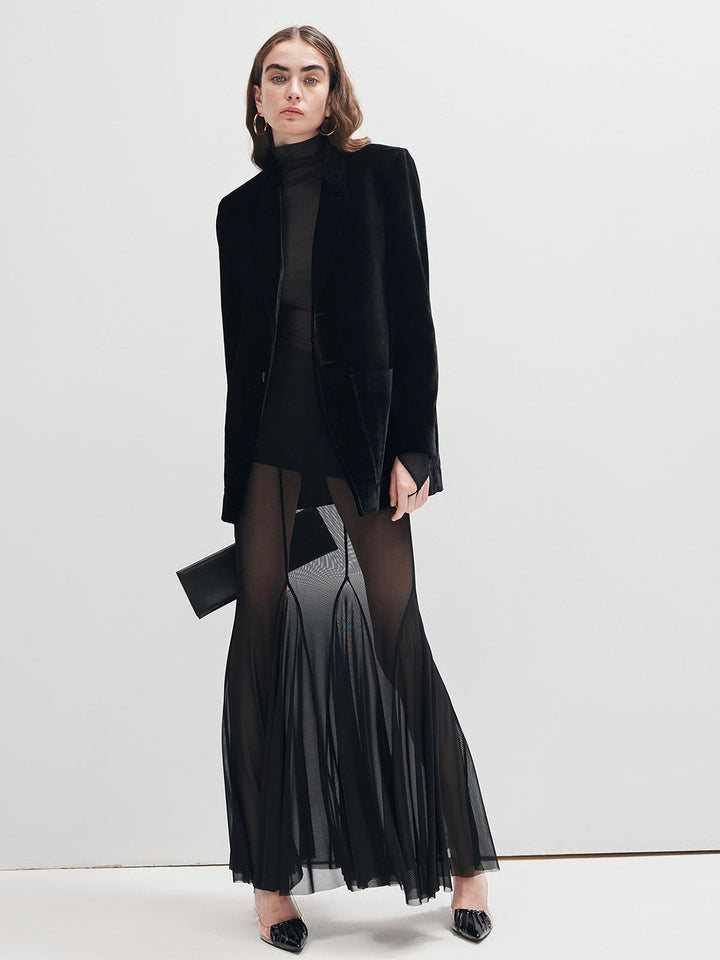 Ruffle Sheer Panel Maxi Skirt  Liora Lane Boutique Skirts