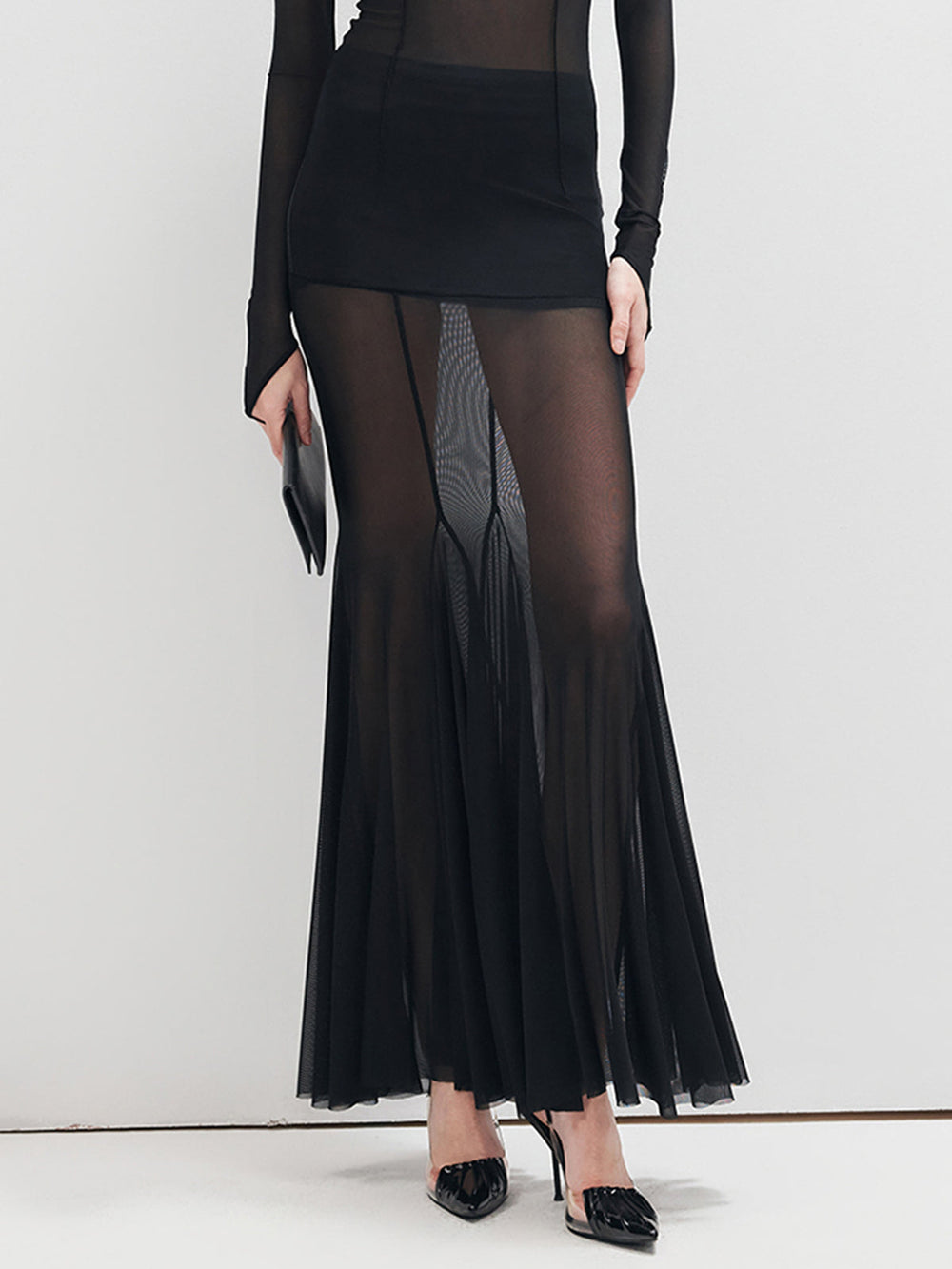 Ruffle Sheer Panel Maxi Skirt  Liora Lane Boutique Skirts