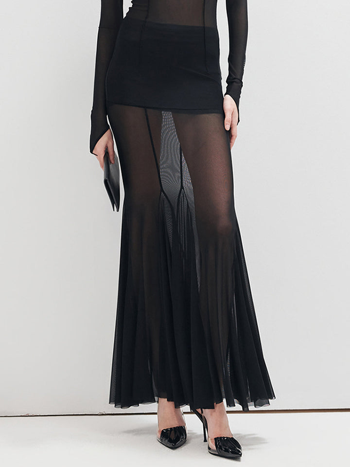 Ruffle Sheer Panel Maxi Skirt  Liora Lane Boutique Skirts