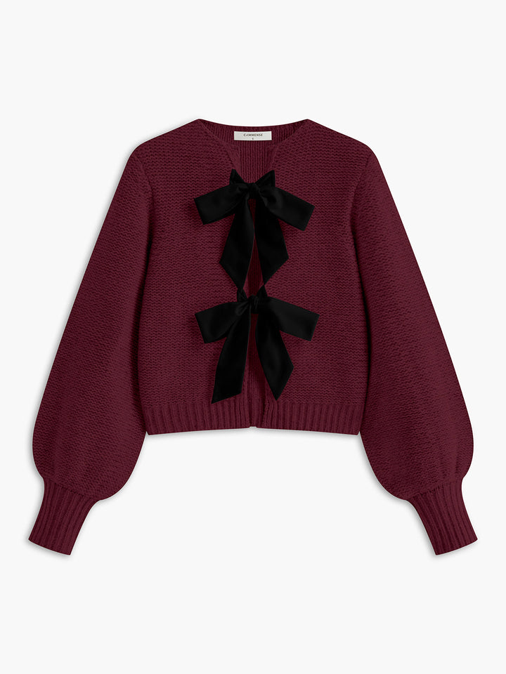 Crew Neck Bow Knit Top  Liora Lane Boutique Knit Tops Burgundy / XL 45.00
