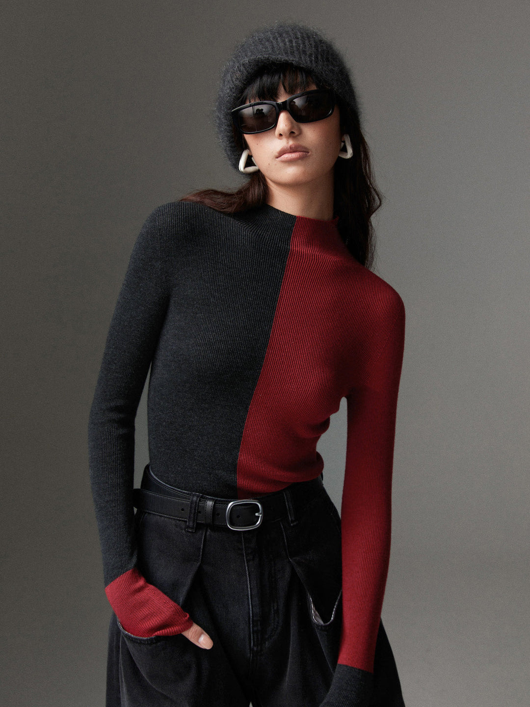 Wool-Blend Two Tone Skinny Knit Top  Liora Lane Boutique Knit Tops Burgundy / XL 38.00