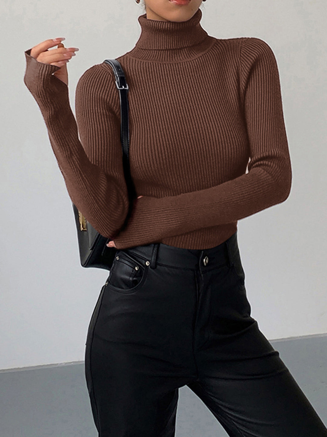 Minimalist Turtleneck Slim Knit Top  Liora Lane Boutique Knit Tops Dark Brown / XL 39.00