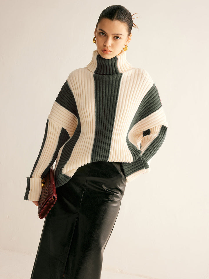 Ribbed Color Block Turtleneck Sweater  Liora Lane Boutique Sweaters ArmyGreen / XL 64.00