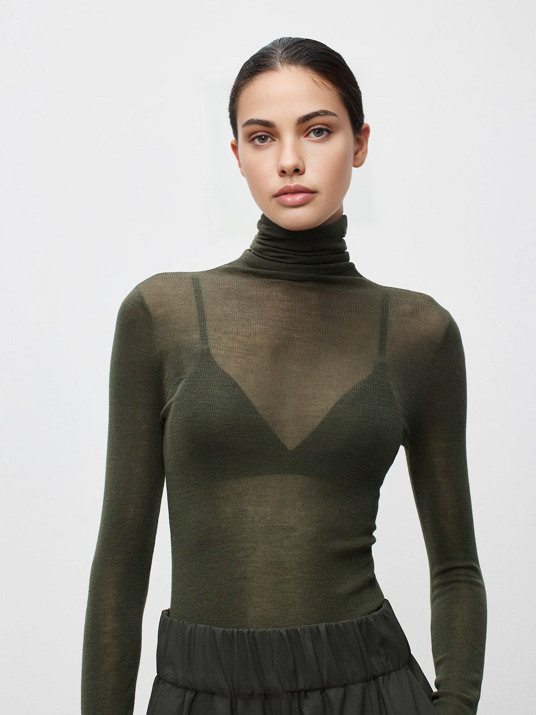 Wool-Blend Turtleneck Sheer Sweater  Liora Lane Boutique Sweaters ArmyGreen / XL 55.00