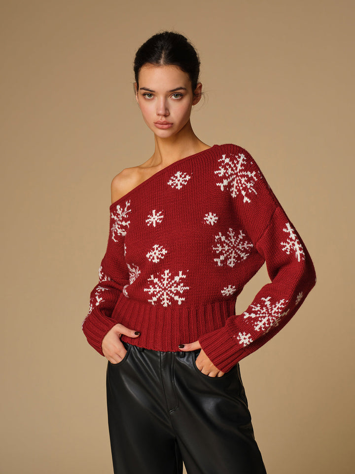 Asymmetrical Snowflake Knit Top  Liora Lane Boutique Knit Tops Red / XL 49.00