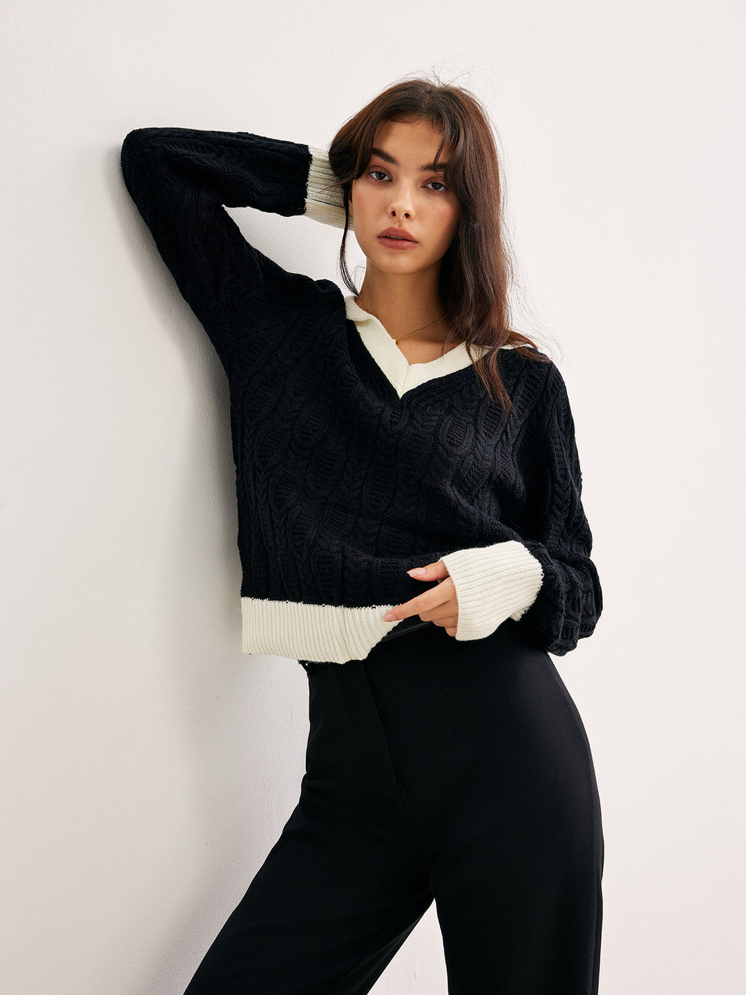 Color Block V-Neck Twist Sweater  Liora Lane Boutique Sweaters Black / XL 115.99