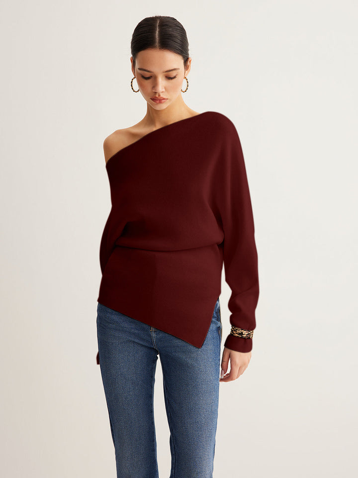 Wool-Blend Asymmetrical Neck Knit Top  Liora Lane Boutique Knit Tops Burgundy / XL 49.00
