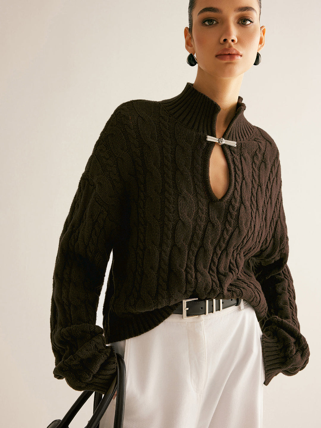 Cotton Keyhole Neckline Knit Top  Liora Lane Boutique Knit Tops Dark Brown / XL 56.00