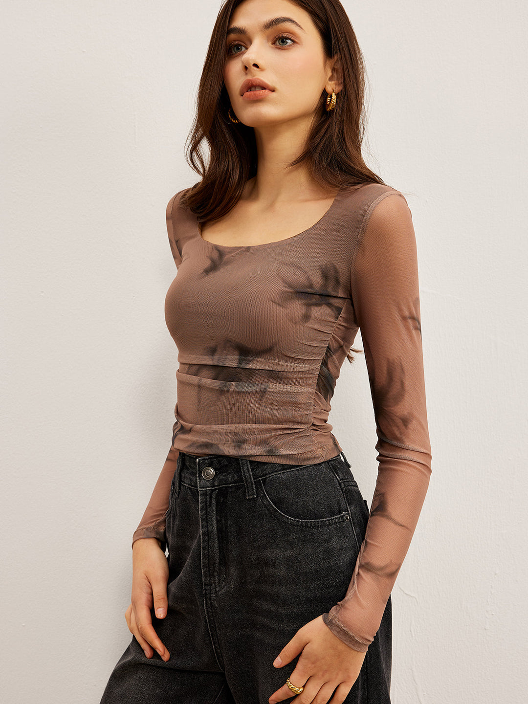 Tye Dye Floral Printed Mesh T-Shirt  Liora Lane Boutique T-Shirts Light Brown / XL 22.00