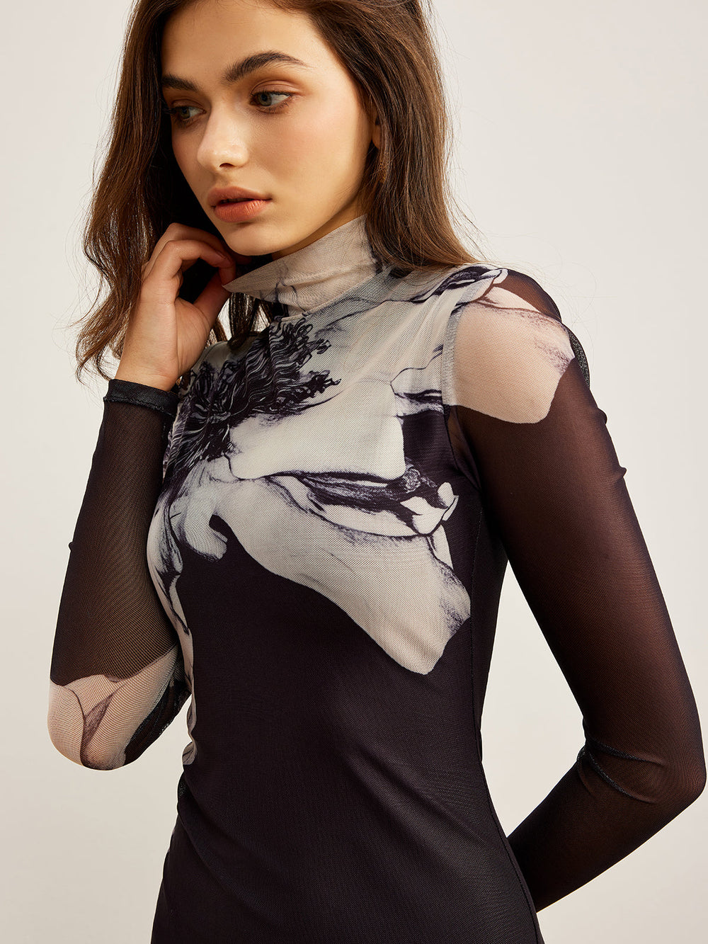 Mock Neck Printed Mesh Dress  Liora Lane Boutique Dresses